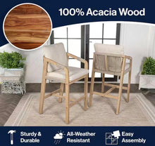 Porto Modern Coastal Tub Roped Acacia Wood Outdoor Bar Stool and Armrests, Beige/Light Teak with Cushions (Set of 2)- new in box