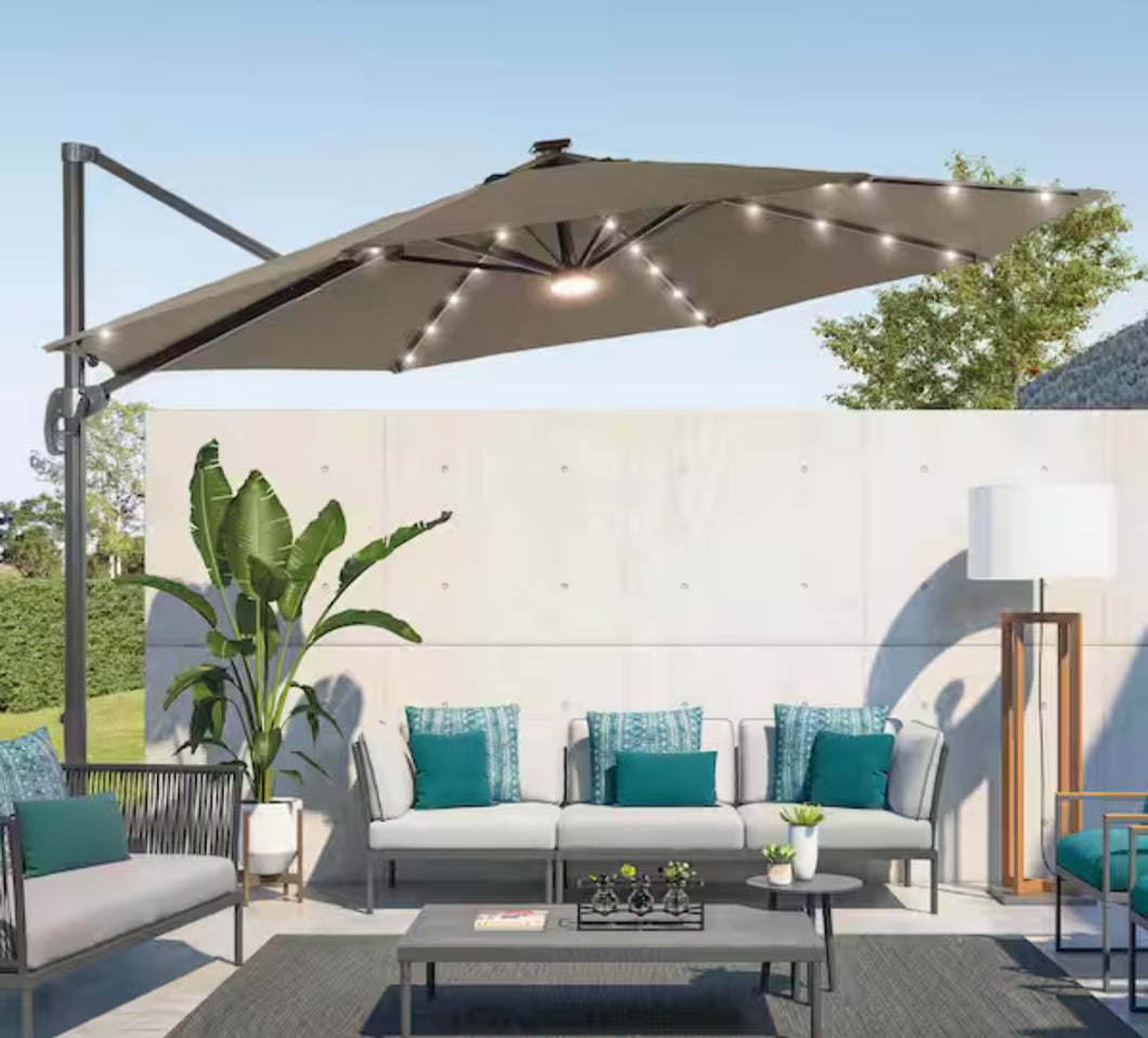 11 ft. LED Premium Cantilever Patio Umbrella - Outdoor Comfort with 360° Rotation and Canopy Angle Adjustment, Taup! (NEW IN BOX)