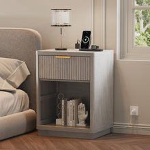 Grey Fluted Nightstand with Charging Station ¨C 2-Tier Bedside Table with Drawer & Storage Shelf for Bedroom/Home Office