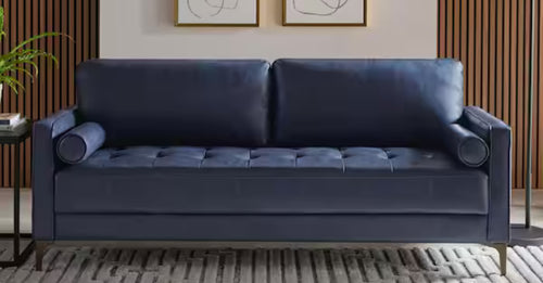Goodwin 75.6 in. Mid-Century Modern Square Arm Faux Leather Sofa in Navy Blue! (NEW IN BOX)