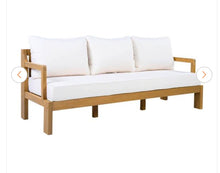 Dunham Outdoor 2 Piece Natural Finish Solid Wood Patio Conversation Set with Beige Cushions, Coffee Table, Slat Design- new and assembled