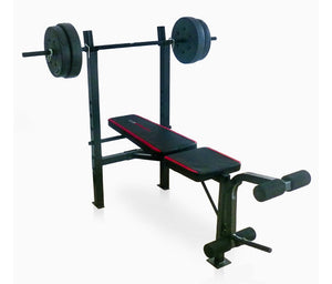 CAP Strength Adjustable Standard Combo Weight Bench with Rack and Leg Extension and 90 lb. Vinyl Weight Set**New and assembled, minor tear on the bench and missing one roll leg**