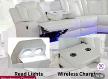 3-Pieces 210" Breathing Leather Power Reclining Theater Sectional with Wireless Chargers and LED Lighting- new - cream color