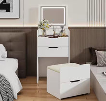 3-Drawer White Wood Makeup Vanity Set Dresser Table with Flip-Top Mirror, See-Through Glass Top, Lights, Stool! (NEW IN BOX)