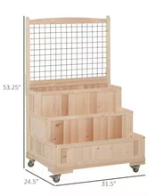 Outsunny 3-Tiers Natural Wooden Raised Garden Bed with Wheels, Trellis, Back Storage Area Easy Movable! (NEW IN BOX)