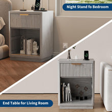 Grey Fluted Nightstand with Charging Station ¨C 2-Tier Bedside Table with Drawer & Storage Shelf for Bedroom/Home Office