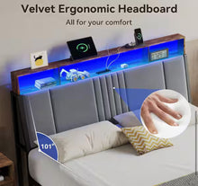 Gray Queen Bed Frame with Upholstered Headboard and Led Lights, Platform Bed No Box Spring Needed! (NEW IN BOX)