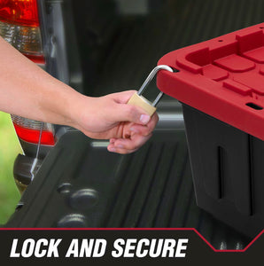 Hyper Tough 50 Gallon Snap Lid Wheeled Plastic Storage Bin Container, Black with Red lid!! NEW OUT OF BOX(MINOR STRAP DAMAGE ON LID, WORKS FINE)!!