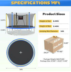 14ft Trampoline with Basketball Hoop, SEGMART Upgraded Round Kids Outdoor Trampoline with Enclosure, Heavy-Duty Backyard Trampoline for Adults and Kids, Blue/Yellow!! NEW IN BOX(ALL PARTS WERE COUNTED BY US IN STORE)!!