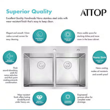 Attop
Handmade Stainless steel 33 inch Double Bowls Top Mount Scratch-Resistant Nano Drop-in Kitchen Sink With Bottom Grid