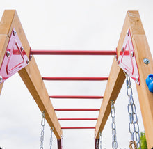 Dolphin Playground Wooden Outdoor Swing Set With 2 Belt Swings, Gym Rings, And Climbing Ladder For Kids!! NEW IN BOX (ALL PARTS COUNTED, MISSING 1 LADDER BAR/ MONKEY BAR)!!