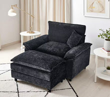 Oversized Black Chenille Soft Single Sofa Arm Chair with Ottoman and 1-Small Pillow for Bedroom and Living room! (NEW VACUUM SEALED IN BOX)