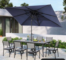 Double Top 9 ft. x 5 ft. Rectangular Aluminum Market Crank and Tilt Patio Umbrella in Navy Blue- new!