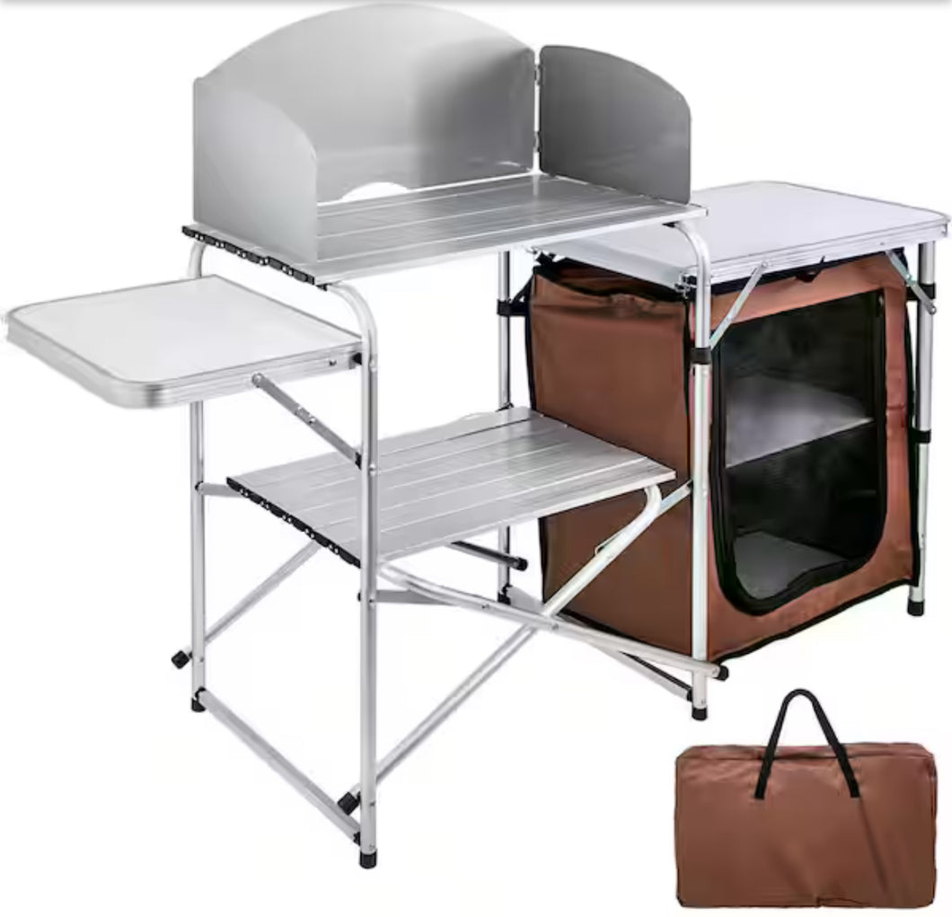 Outdoor 2-Tier Kitchen with Zippered Bag, Portable Folding Cook Table for BBQ, Party and Camping, Brown! (NEW IN BOX)