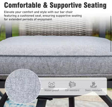 Set of 4 Metal Bar Height Outdoor Dining Rattan Bistro Chairs with Gray Cushions! (NEW IN BOXES - CHAIRS ONLY)