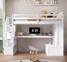 White Full Size Loft Bed with Storage Staircase, Desk, Shelves and 2 Drawers! (BRAND NEW - 3 BOXES!)
