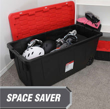 Hyper Tough 50 Gallon Snap Lid Wheeled Plastic Storage Bin Container, Black with Red lid!! NEW OUT OF BOX(MINOR STRAP DAMAGE ON LID, WORKS FINE)!!