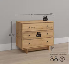 Prepac Finnley Natural Oak 3-Drawer 31 in. W Nightstand, Dresser for Bedroom Nightstand Bedside Table End Table with 3-Drawers!! NEW IN BOX!!