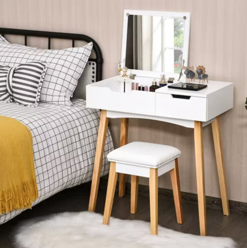 Costway Vanity Makeup Table Cushioned Stool Set W/Flip Top Mirror &1 Drawer Writing Desk! (NEW IN BOX)