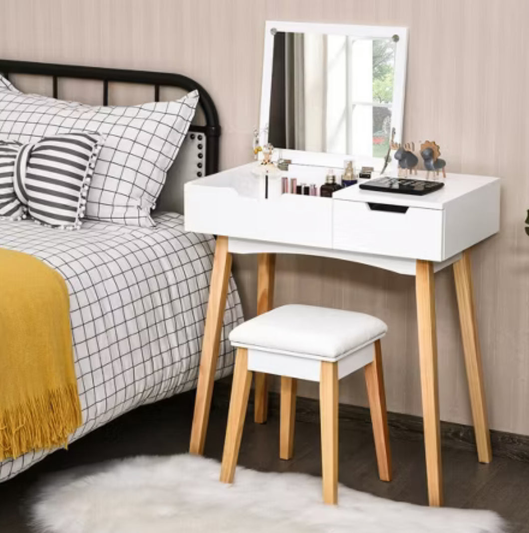 Costway Vanity Makeup Table Cushioned Stool Set W/Flip Top Mirror &1 Drawer Writing Desk! (NEW IN BOX)