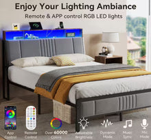 Gray Queen Bed Frame with Upholstered Headboard and Led Lights, Platform Bed No Box Spring Needed! (NEW IN BOX)