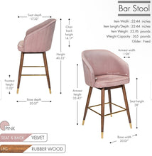 Porthos Home Olea Velvet Upholstered Bar Stools with Rubberwood Legs, Set of 2, Pink - WE DO NOT SHIP!!