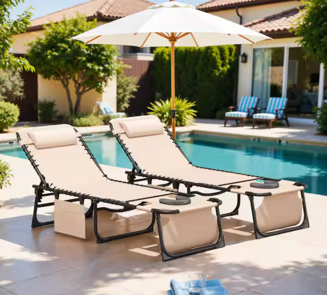 2-Pieces Metal Folding Outdoor Chaise Lounge with Face Hole, 5-Position Reclining Portable Patio Chair, Beige! (NEW IN BOX)
