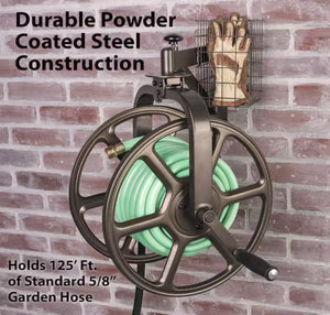 Liberty Garden Single Arm Navigator Rotating Garden Hose Reel with Storage Basket, Bronze!! NEW IN BOX!!