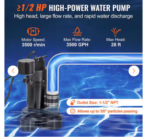 VEVOR
Utility Sink Pump 1/2 HP 120-Volt 3500 GPH 28 ft. Submersible Under-Sink Sump Pump System with 1-1/2 in. NPT Outlet- NEW!