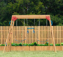 Dolphin Playground Wooden Outdoor Swing Set With 2 Belt Swings, Gym Rings, And Climbing Ladder For Kids!! NEW IN BOX (ALL PARTS COUNTED, MISSING 1 LADDER BAR/ MONKEY BAR)!!