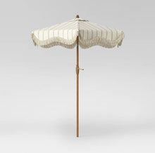 6.5’ Round Striped Scalloped Fringe Edge Outdoor Patio Market Umbrella Cream - Threshold!! BRAND NEW(CARRY BAG RIPPED BUT UMBRELLA IS PERFECT)!!