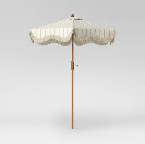 6.5’ Round Striped Scalloped Fringe Edge Outdoor Patio Market Umbrella Cream - Threshold!! BRAND NEW(CARRY BAG RIPPED BUT UMBRELLA IS PERFECT)!!