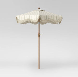 6.5’ Round Striped Scalloped Fringe Edge Outdoor Patio Market Umbrella Cream - Threshold!! BRAND NEW(CARRY BAG RIPPED BUT UMBRELLA IS PERFECT)!!