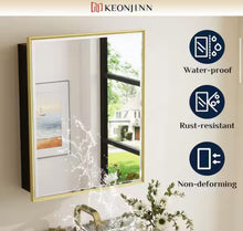 30 in. W x 32 in. H Rectangular Gold Metal Framed Beveled Surface Mount/Recessed Medicine Cabinet with Mirror!! NEW IN BOX!!