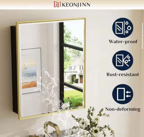 30 in. W x 32 in. H Rectangular Gold Metal Framed Beveled Surface Mount/Recessed Medicine Cabinet with Mirror!! NEW IN BOX!!