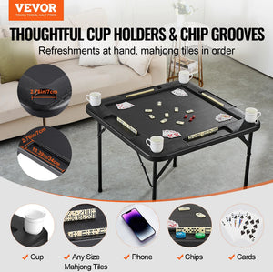 VEVOR Mahjong Table, Square 4 Player Folding Card Table with 4 Cup Holders & 4 Chip Trays, Portable Domino Game Table with 1 Set of Dominoes for Mahjong Poke Puzzles, 35.4 x 35.4-inch, Black!! BRAND NEW!!