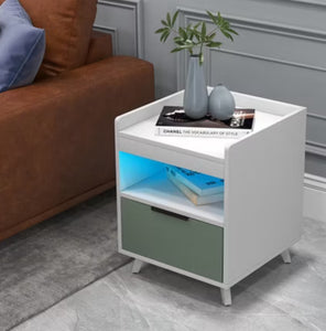 Tangkula 2PCS Nightstand Modern Beside End Table w/ LED Lights Open Compartment & Drawer! (NEW IN BOX)