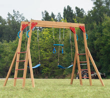 Dolphin Playground Wooden Outdoor Swing Set With 2 Belt Swings, Gym Rings, And Climbing Ladder For Kids!! NEW IN BOX (ALL PARTS COUNTED, MISSING 1 LADDER BAR/ MONKEY BAR)!!