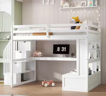 White Full Size Loft Bed with Storage Staircase, Desk, Shelves and 2 Drawers! (BRAND NEW - 3 BOXES!)