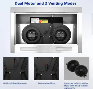 Velivi 30 in. 600 CFM Convertible Ductless Under Cabinet Range Hood With 3 Speed Exhaust Fan and 2 LED Lights, Stainless Steel! (NEW IN BOX)