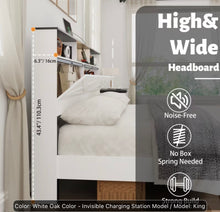 Wooden King Size Bed Frame with Storage Headboard, Farmhouse Platform Bed Frame with LED Lights and Charging Station, White! (NEW IN BOX)