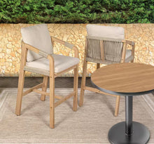 Porto Modern Coastal Tub Roped Acacia Wood Outdoor Bar Stool and Armrests, Beige/Light Teak with Cushions (Set of 2)- new in box
