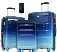Merax 3-Piece Gradient Blue 20 in. 24 in. 28 in. ABS and PC Hardshell Spinner Luggage Set with TSA Lock, 20 in. with USB Port! (NEW - WRAPPED IN PLASTIC - MINOR SCRATCH ON 28”)