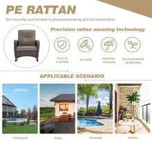 Pocassy 3-Piece Brown Wicker Patio Conversation Set with Gray Cushions and Coffee Table Flat Handrail Rocking Chairs!! NEW IN BOX!!