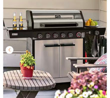 6 Burner Propane Gas Grill with Side Burner, Glass Viewing Window, Stainless Steel Cabinet Doors, Silver & Black- new in box