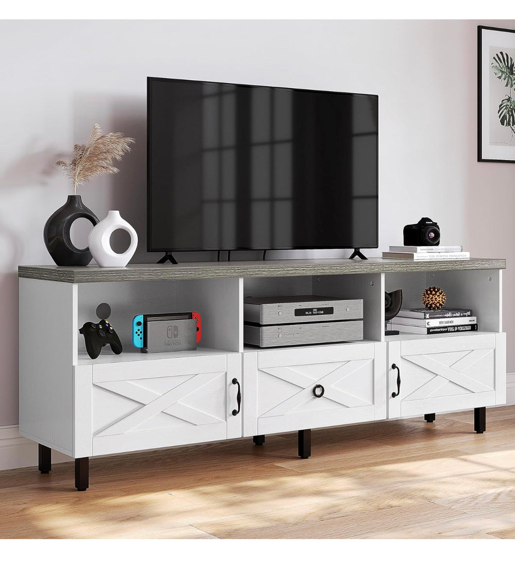 YITAHOME Mid-Century Modern TV Stand for 70/65/60/55 inch, Boho Wood TV Table Farmhouse Media Console with Storage Cabinet and Open Shelves for Living Room, Bedroom, 65 inch, White/Grey**New in box**