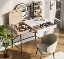 1-Drawer White Makeup Vanity Table Wooden Dressing Desk with 3-Mode Lighted Mirror, Wireless Charging Station, 3 Shelves