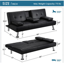 Renwick Modern Faux Leather Futon with Cupholders and Pillows, Black!! NEW AND ASSEMBLED!!