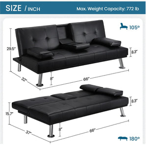 Renwick Modern Faux Leather Futon with Cupholders and Pillows, Black!! NEW AND ASSEMBLED!!