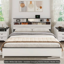 Wooden King Size Bed Frame with Storage Headboard, Farmhouse Platform Bed Frame with LED Lights and Charging Station, White! (NEW IN BOX)